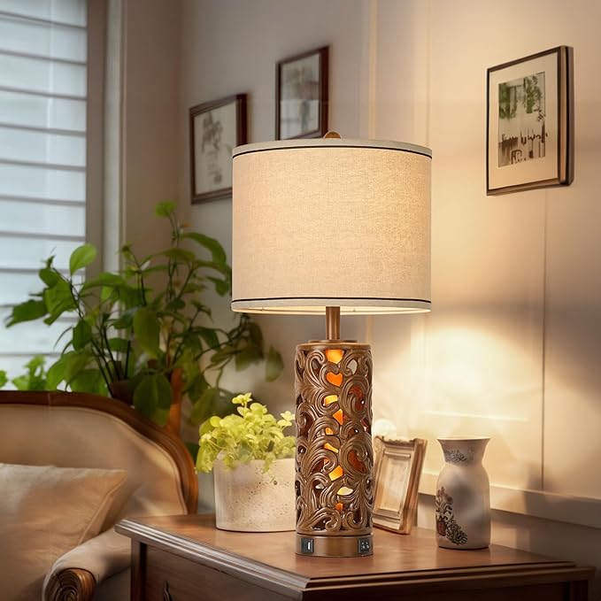AIDENOEY 27.5" H 3-Way Dimmable Touch Control Table Lamp with USB A+C Ports, Vintage Walnut Finish Resin Bedside Farmhouse Table Lamp Set of 2，for Living Room，Bedroom，Office