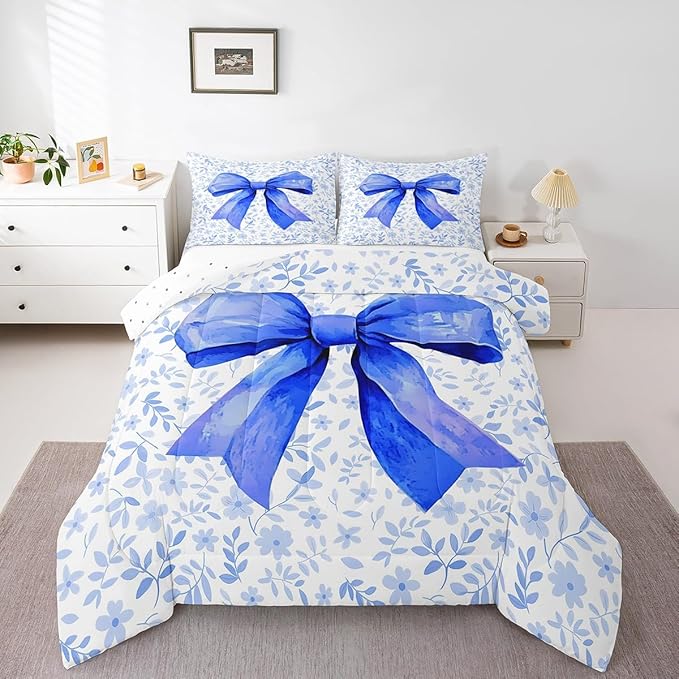Erosebridal Blue Bow Bedding Set for Kids Boys Girls Teen,Bowknot Bedding Comforter Sets Cute Bow Tie Comforter Set King Size Watercolor Flower Plant Quilt Duvet Room Decor 2 Pillow Cases