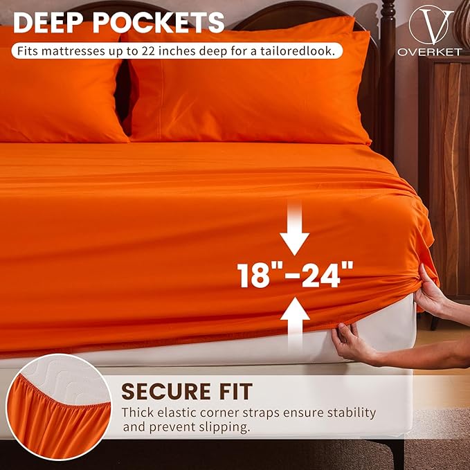 100% Linen Sheet Set Cal King Size Extra Deep Pocket Fits 18-24 Inch Mattress, Breathable & Soft, Smooth 4-Piece Set for Thick Mattresses Hotel Luxury Bedding（Cal King, Orange）