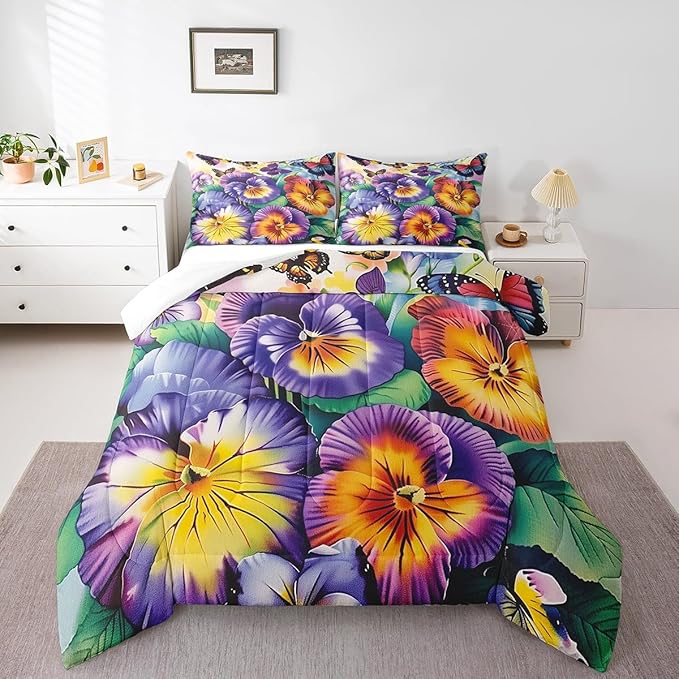 Erosebridal Flower Butterfly Girls Bedding Sets Twin Garden Pansy Floral Bed Comforter Set Rustic Farmhouse Spring Comforter Set Pastoral Country Blossom Quilt Duvet Purple Yellow Room Decor