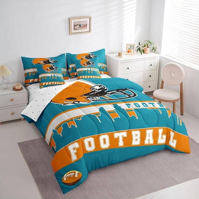 Erosebridal Football 7 Pcs Comforter Set King Football City Bedding for Boys Girls Teal Football Fans Sheet Set Bed in A Bag Rugby Game Bedroom Decor Sports Ball Competition Bed Set