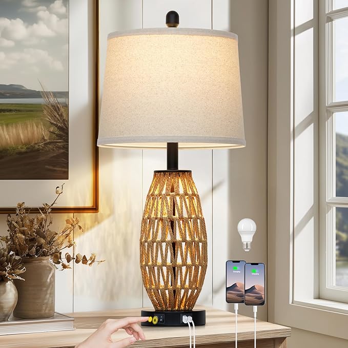 27" Boho Rattan Table Lamp with Night Light, Wicker Bedside Lamp with USB A+C Charging Port, Woven Coastal Bedroom Lamps for Nightstand, Tall Farmhouse Lamps for Living Room Single