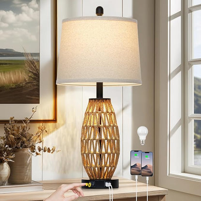 27" Boho Rattan Table Lamp with Night Light, Wicker Bedside Lamp with USB A+C Charging Port, Woven Coastal Bedroom Lamps for Nightstand, Tall Farmhouse Lamps for Living Room Single