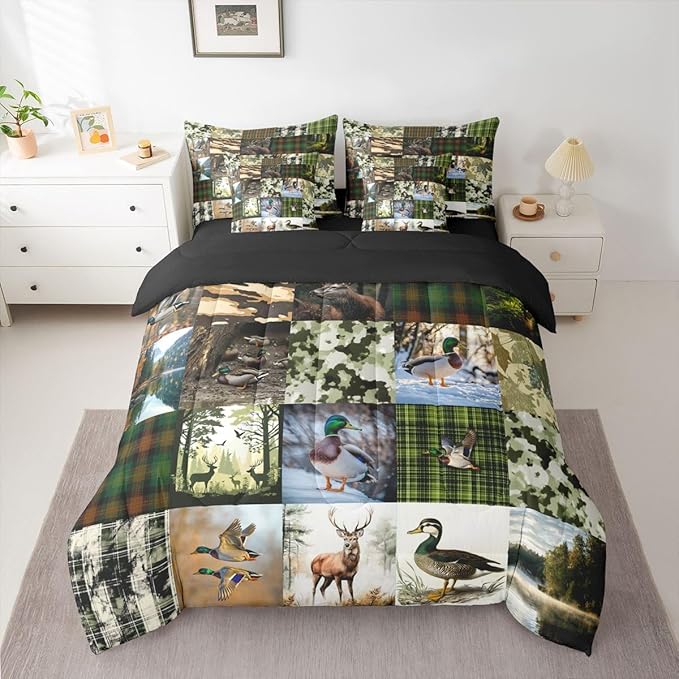Erosebridal Cabin Rustic Bed in a Bag King Size Comforter Set 7-Piece | Deer Mallard Duck Bedding Sets Mens Camo Hunting Comforter and Sheet Set, Woodland Animals Farmhouse Room Decor,Country Decor