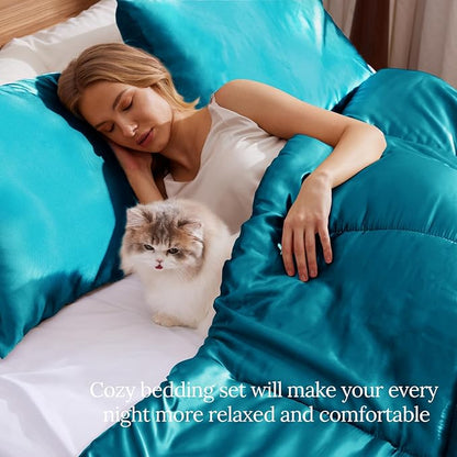 Whale Flotilla 3-Piece Reversible Silky Soft King Size Comforter Bedding Set, Luxurious Satin Comforters Oversized with 2 Satin Pillowcases, Lightweight Duvet for All Seasons, Turquoise
