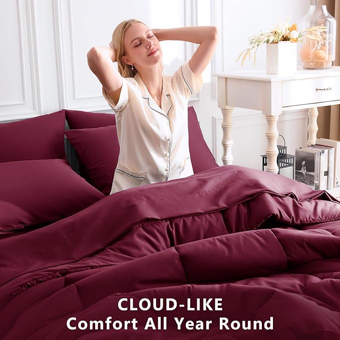 CozyLux Full Size Comforter Sets Burgundy, 7 Pieces Bed in a Bag, Red Comforter Full Size, All Season Bedding Sets with Stitch Quilted Comforter, Flat Sheet, Fitted Sheet, Pillowcases