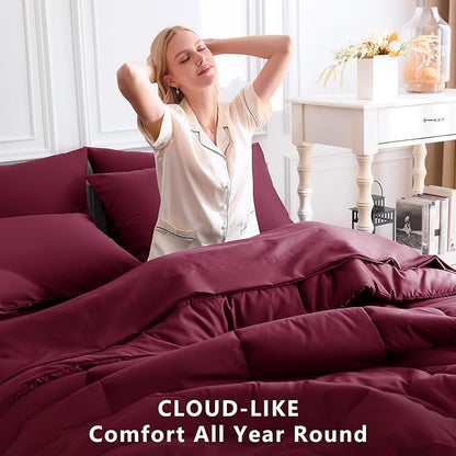 CozyLux Full Size Comforter Sets Burgundy, 7 Pieces Bed in a Bag, Red Comforter Full Size, All Season Bedding Sets with Stitch Quilted Comforter, Flat Sheet, Fitted Sheet, Pillowcases