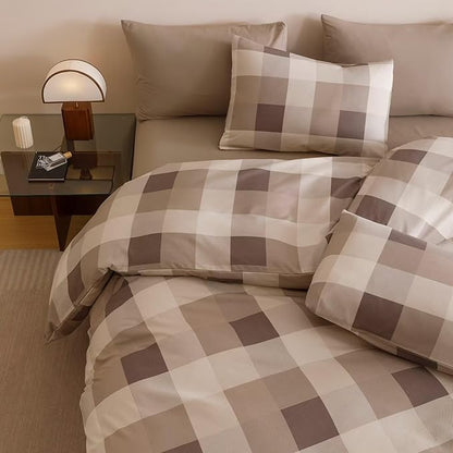 Cottonight Checkered Khaki Comforter Set King Men Gingham Grid Bedding Set Khaki and Cream Coffee Grid Comforter Fluffy Soft Blanket Quilts Modern Cottagecore Comforter for King Bed