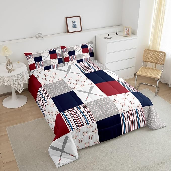 Feelyou Baseball Comforter Set Full Size Sports Game Comforter Baseball Gaming Bedding Set Gift for Baseball Lover Duvet Set Room Decor White Navy Quilt Set