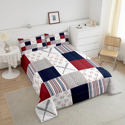 Feelyou Baseball Comforter Set Full Size Sports Game Comforter Baseball Gaming Bedding Set Gift for Baseball Lover Duvet Set Room Decor White Navy Quilt Set