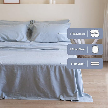 Simple&Opulence Belgian Linen Sheet Set Solid Color - 6 Pieces (1 Flat Sheet & 1 Fitted Sheet & 4 Pillowcases) 16" Deep Pocket Natural Flax Cotton Blended Soft Bedding - Dusty Blue, Queen Size