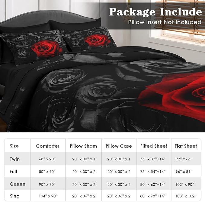 Comforter Set King Size, Red Rose Flower 7 Pcs Bedding for Kids and Adults, Summer Vintage Floral Bed Sheet Sets with Fitted Sheet 2 Pillowcases & 2 Shams for Bedroom Bed Decor