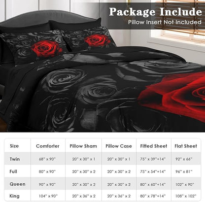 Comforter Set King Size, Red Rose Flower 7 Pcs Bedding for Kids and Adults, Summer Vintage Floral Bed Sheet Sets with Fitted Sheet 2 Pillowcases & 2 Shams for Bedroom Bed Decor