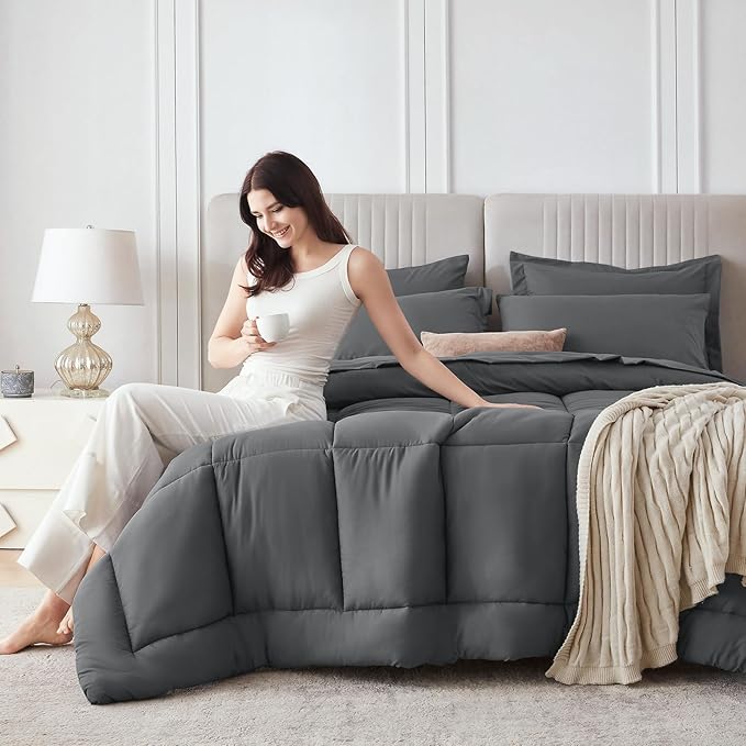 Sasttie King Size Comforter Set, 7 Pieces Bed in a Bag King, Complete Bedding Set Includes Grey Comforter, Flat Sheet, Fitted Sheet, Pillowcases and Pillow Shams, Dark Grey