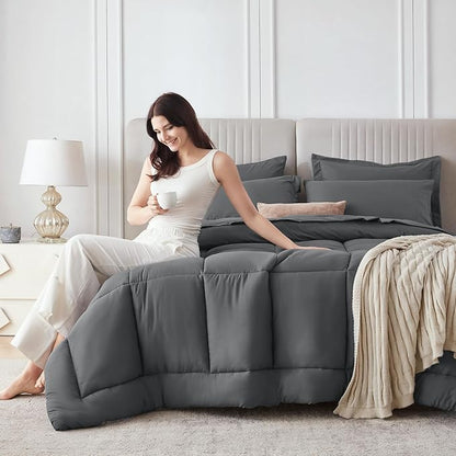 Sasttie King Size Comforter Set, 7 Pieces Bed in a Bag King, Complete Bedding Set Includes Grey Comforter, Flat Sheet, Fitted Sheet, Pillowcases and Pillow Shams, Dark Grey