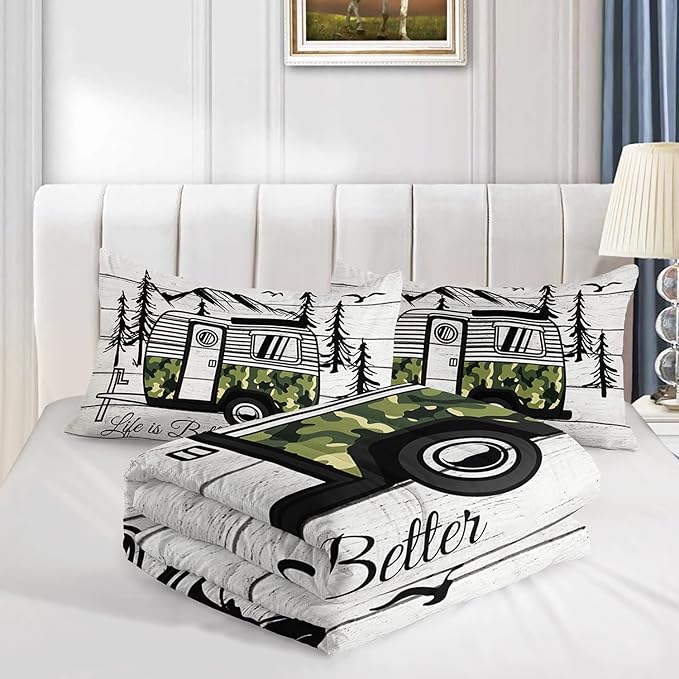HOSIMA Happy Camping Decor Comforter Set,Camouflage Camper Bedding Queen Size for Kids Teen Girls Boys Room Decor,Camper Accessories for Travel Trailers Themed Bedding with 2 Pillowcases.