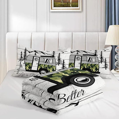 HOSIMA Happy Camping Decor Comforter Set,Camouflage Camper Bedding Queen Size for Kids Teen Girls Boys Room Decor,Camper Accessories for Travel Trailers Themed Bedding with 2 Pillowcases.