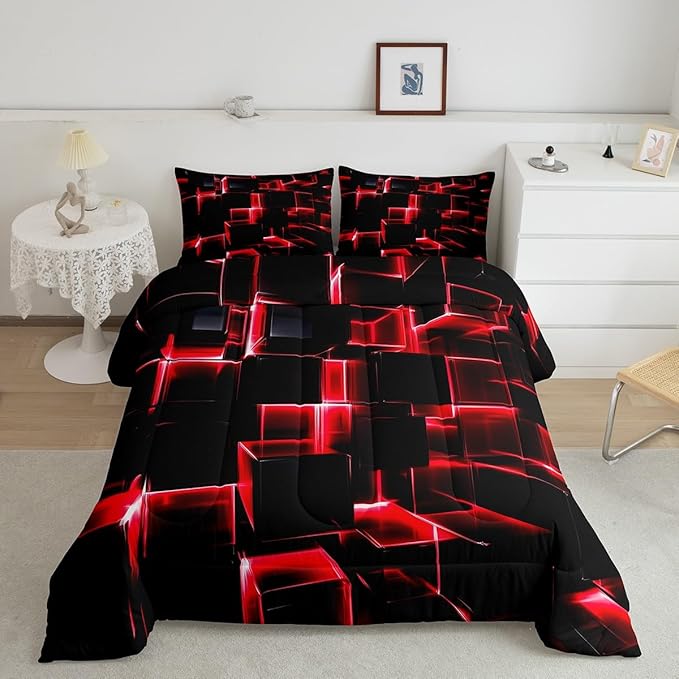 Erosebridal Red and Black Geometric Comforter Set King Size Modern 3D Stereoscopic Square Bedding Sets, Gradient Neon Honeycomb Duvet Set 3 Pieces Soft Microfiber Quilt for All Season