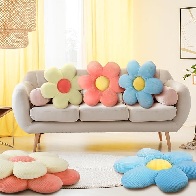 Sratte 3 Pcs Flower Pillows Flower Shaped Throw Pillows Cute Daisy Plush Pillow Decorative Floor Pillow Seat Cushion for Bedroom Home Sofa Chair Couch Decor(Multicolored,16")
