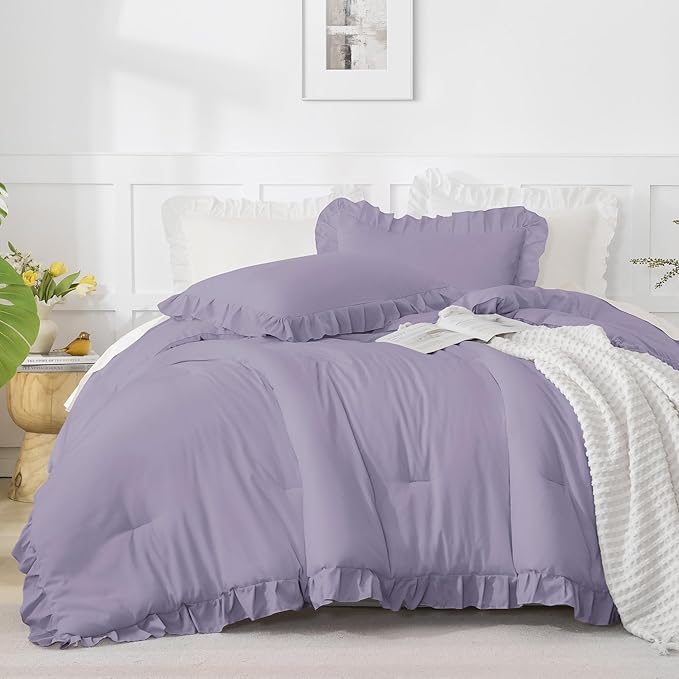 Andency Grayish Purple California King Comforter Set, 3 Pieces Cal King Ruffle Purple Comforter, Lightweight Oversized Farmhouse Shabby Chic Soft Microfiber Bedding Comforter Set (104x96Inch)