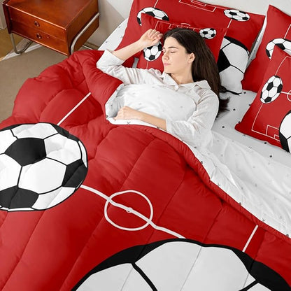 Erosebridal Sports Theme 7 Piece Bedding Set King Football Comforter Set with Sheets Football Court Soccer Ball Pattern Bed in a Bag Boys Playground Red White for Kids Boys Girls