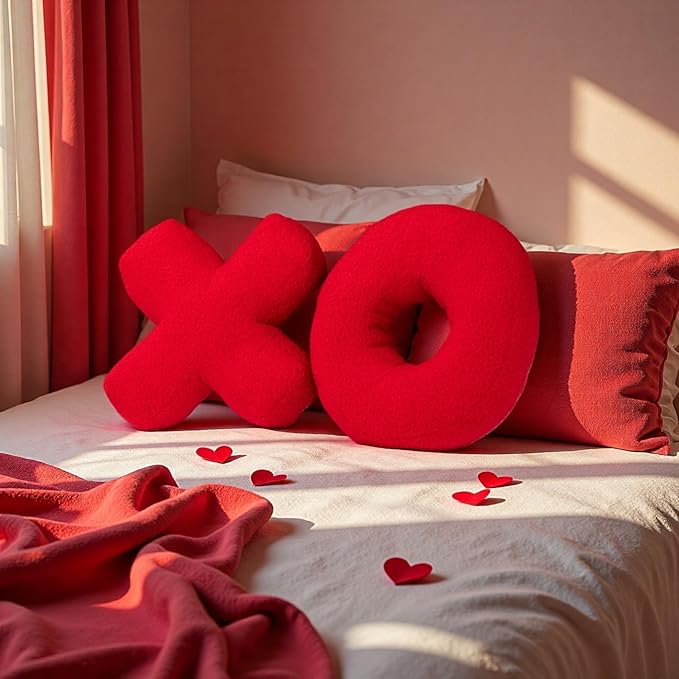 XO Pillow Plush, Pink Throw Pillows Valentine's Day Decorative Hugs and Kisses, Cute Pillows Romantic Home Décor for Sofa, Bedroom, Living Room 12.5x12.5 Inch Set of 2