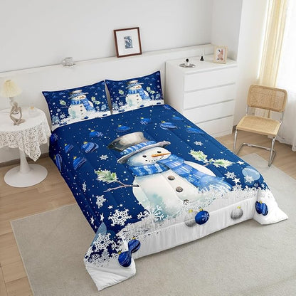 Cute Snowman Comforter Set Twin Size,Merry Christmas Quilt Set 2Pcs Xmas Bells and Snowflake Bedding Set for Kids Boys Girls Teens Room Decor Cartoon Blue White Duvet Insert,1 Pillowcase