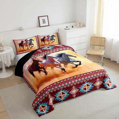 Horse Bedding for Girls,Western Boho Comforter Set Indian Tribal Geometric Bedding Set Twin Cowboys Gifts,Ethnic Tribe Arrow Aztec Quilt,Nordic Style Farmhouse Wildlife Room Decor,Messy Rust