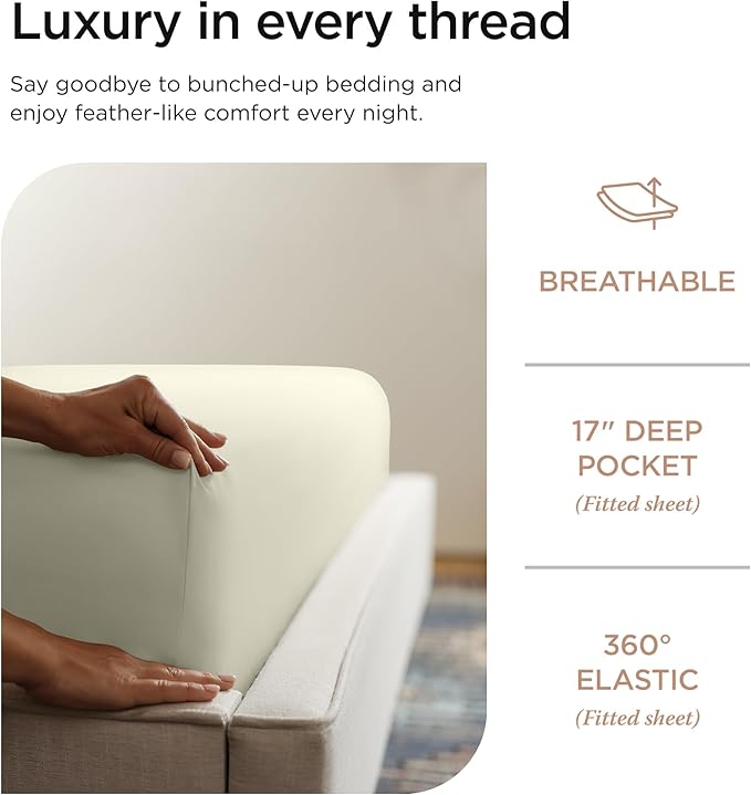 Threadmill Certified 100% American Supima Cotton Sheets, California King Sheet, 1000 Thread Count Hotel Quality Sateen Weave, 4 Pc Luxury Bed Sheet Set, Ivory Sheets with Elasticized Deep Pocket