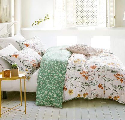 SLEEPBELLA Twin Size Comforter Set Yellow Flowers & Green Botanical Pattern Printed on White 100% Cotton Fabric, Ultra Soft Microfiber Inner Fill 2Pcs Bedding Set