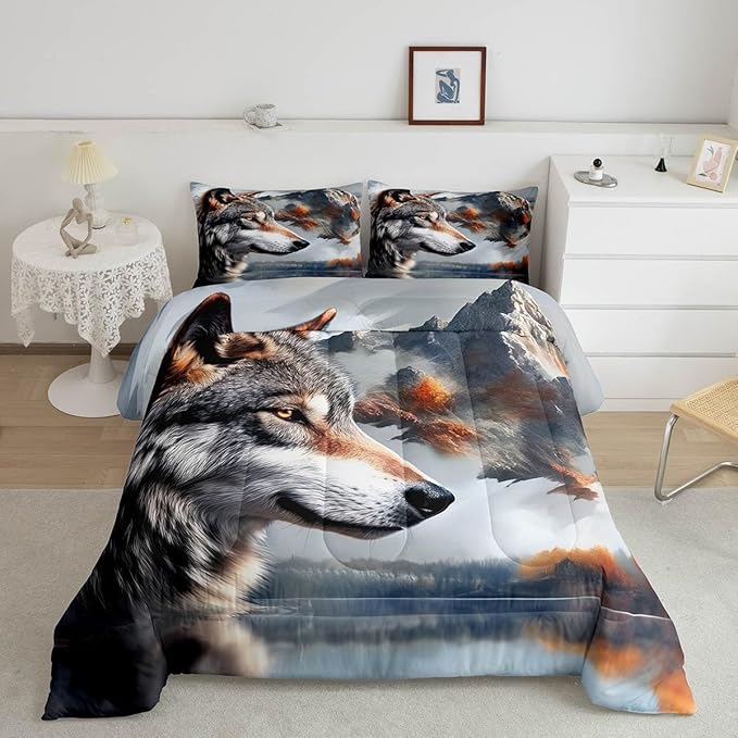 Erosebridal Hunting Wolf Full Bedding Set,Wildlife Safari Comforter Set for Kids Adults Bedroom Decor,Rustic Mountain Theme Quilt Set Exotic Ethnic Bedding Comforter Sets,2 Pillowcases