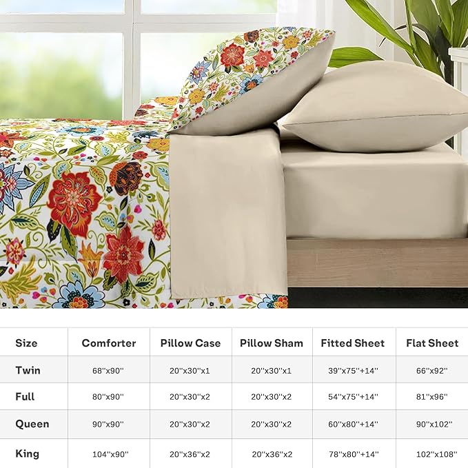 Nesker 7 Pcs Spring Comforter Set Queen Size, Floral Boho Bedding Set for Kids and Adults, Vibrant Leaves Bed Sheet Sets with Fitted Sheet 2 Pillowcases & 2 Shams
