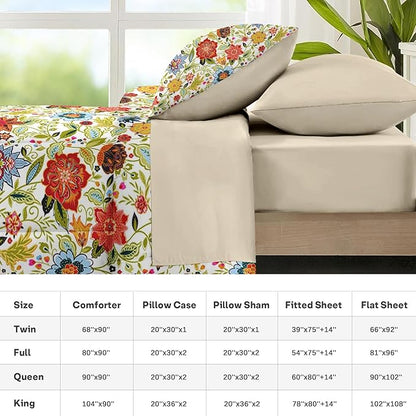 Nesker 7 Pcs Spring Comforter Set Queen Size, Floral Boho Bedding Set for Kids and Adults, Vibrant Leaves Bed Sheet Sets with Fitted Sheet 2 Pillowcases & 2 Shams