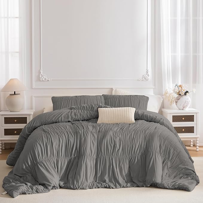 Lady Ann Gray Ruched Comforters Oversized King Size 128x120 Bedding Comforter Sets for Bedroom, 3 Piece Fluffy Boho Bedroom Set with Pillow Shams Soft All Season Bed Sets