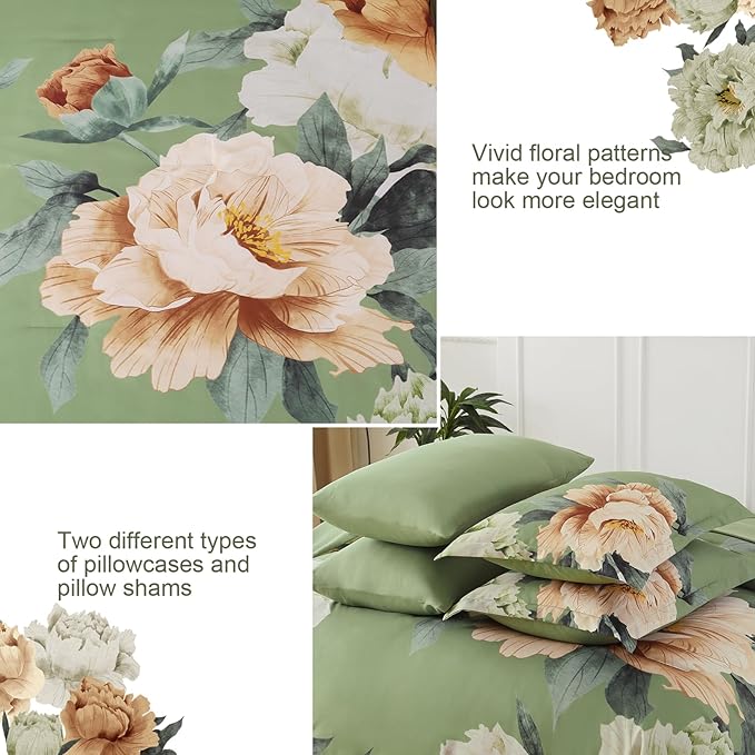Dobuyly Queen Comforter Set 7 Piece Bed in a Bag, Olive Green Floral Comforter Set with Sheets, Soft Microfiber Botanical Flower Bedding Set for All Season