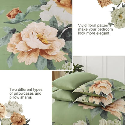 Dobuyly Queen Comforter Set 7 Piece Bed in a Bag, Olive Green Floral Comforter Set with Sheets, Soft Microfiber Botanical Flower Bedding Set for All Season