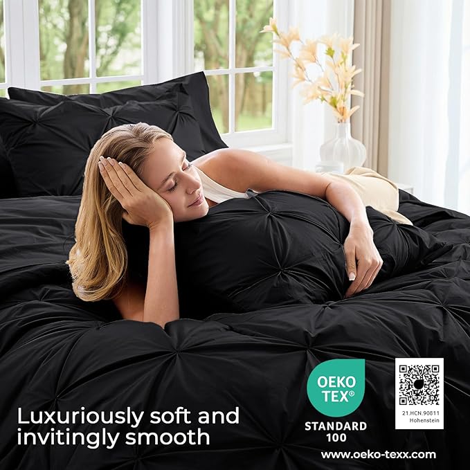 Sasttie Queen Comforter Set, 7-Piece Bed in a Bag, Pintuck Bedding Sets for All Season, Includes Comforter, Flat Sheet, Fitted Sheet, Pillowcases and Pillowshams, Black