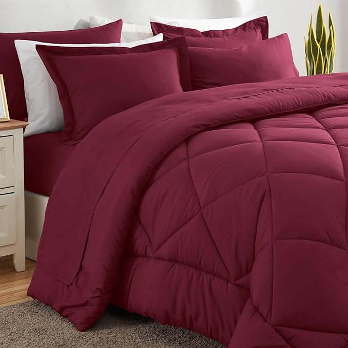 CozyLux Full Size Comforter Sets Burgundy - 7 Pieces Bed in a Bag Full, Luxury Soft Bed Set for All Seasons, Bedding Set with Down Alternative Comforter, Sheets, Pillowcases & Shams, Red