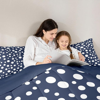 Manfei White Polka Dots Comforter Set Toddler Size 2 Pcs,French Style Cute Dots Print Bedding Set,Geometric Circles Navy White Simple Quilt Set for Child Bedroom,1 Pillowcase