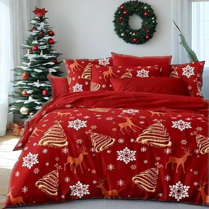 Christmas Comforter Set Queen Size - 3 Pcs 90x90 inch Red Deear Gold Tree and Snow Pattern Printed Bedding Sets -Soft and Lightweight All Season Duvet Bed in a Bag for Women