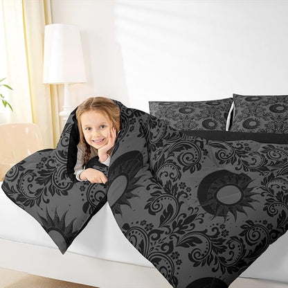 Feelyou Adults Gothic Comforter Set Queen Size Dark Olive Green Damask Bedding Set for Kids Boys Girls Sun and Moon Duvet Quilt Bedroom Decor Microfiber 3 Pcs with 2 Pillow Cases