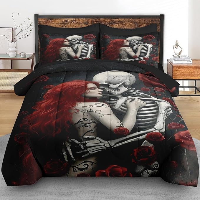 Comforter Set King Size, Death Skeleton Black 7 Pcs Bedding for Kids and Adults, Lover Rose Bed Sheet Sets with Fitted Sheet 2 Pillowcases & 2 Shams for Bedroom Bed Decor