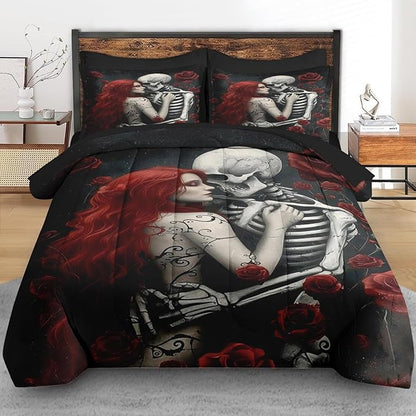 Comforter Set King Size, Death Skeleton Black 7 Pcs Bedding for Kids and Adults, Lover Rose Bed Sheet Sets with Fitted Sheet 2 Pillowcases & 2 Shams for Bedroom Bed Decor