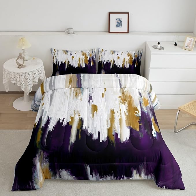 Erosebridal Abstract Ombre Bedding Full White Purple Comforter Set, Gradient Brush Marks Down Comforter Contemporary Artwork Bedding Comforter Sets, Watercolor Stripe Aesthetic Duvet Insert Luxury