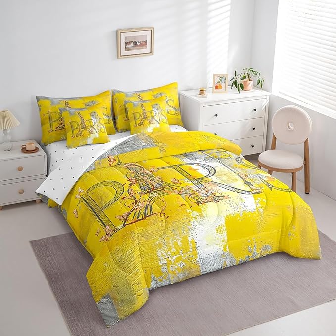 Erosebridal Paris Printed Bedding King Size 7pcs Yellow Aesthetic Comforter Set, Oil Painting Bed in a Bag Old Fashion Grunge Bedding Comforter Sets with Flat Sheet Fitted Sheet and Pillowcases