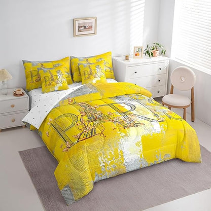Erosebridal Paris Printed Bedding Twin Size 7pcs Yellow Aesthetic Comforter Set, Oil Painting Bed in a Bag Old Fashion Grunge Bedding Comforter Sets with Flat Sheet Fitted Sheet and Pillowcases