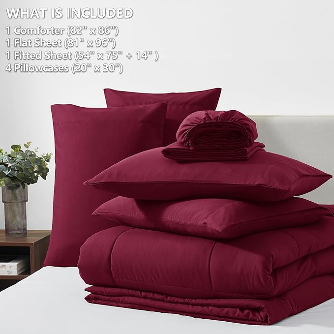 CozyLux Full Size Comforter Sets Burgundy, 7 Pieces Bed in a Bag, Red Comforter Full Size, All Season Bedding Sets with Stitch Quilted Comforter, Flat Sheet, Fitted Sheet, Pillowcases