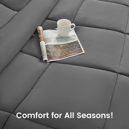 SLEEP ZONE Full Size Comforter Set Duvet Insert, Down Alternative Reversible Comforter, Lightweight, Soft and Breathable Bedding All Season, Square Quilting Grey