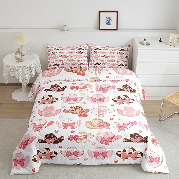Feelyou Pink Western Decor Bedding Set Toddler Size Cowboy Cowgirl Boots Comforter Set for Kids Boys Girls Decor Cute Bowknot Cherry Dreamy Princess Style Comforter Rodeo Cowboy Style Duvet Set