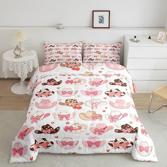 Feelyou Pink Western Decor Bedding Set Toddler Size Cowboy Cowgirl Boots Comforter Set for Kids Boys Girls Decor Cute Bowknot Cherry Dreamy Princess Style Comforter Rodeo Cowboy Style Duvet Set